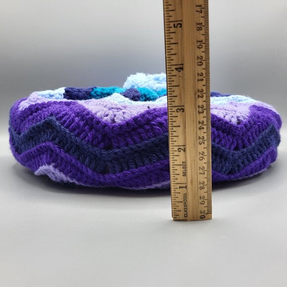Vtg Crochet Round Granny Throw Pillow Navy Blue Purple Yarn Ruffled Handmade - Picture 11 of 11